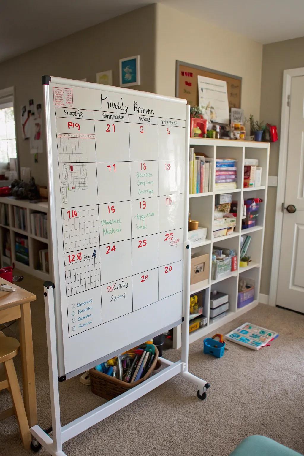 A calendar on the whiteboard helps keep the family organized.