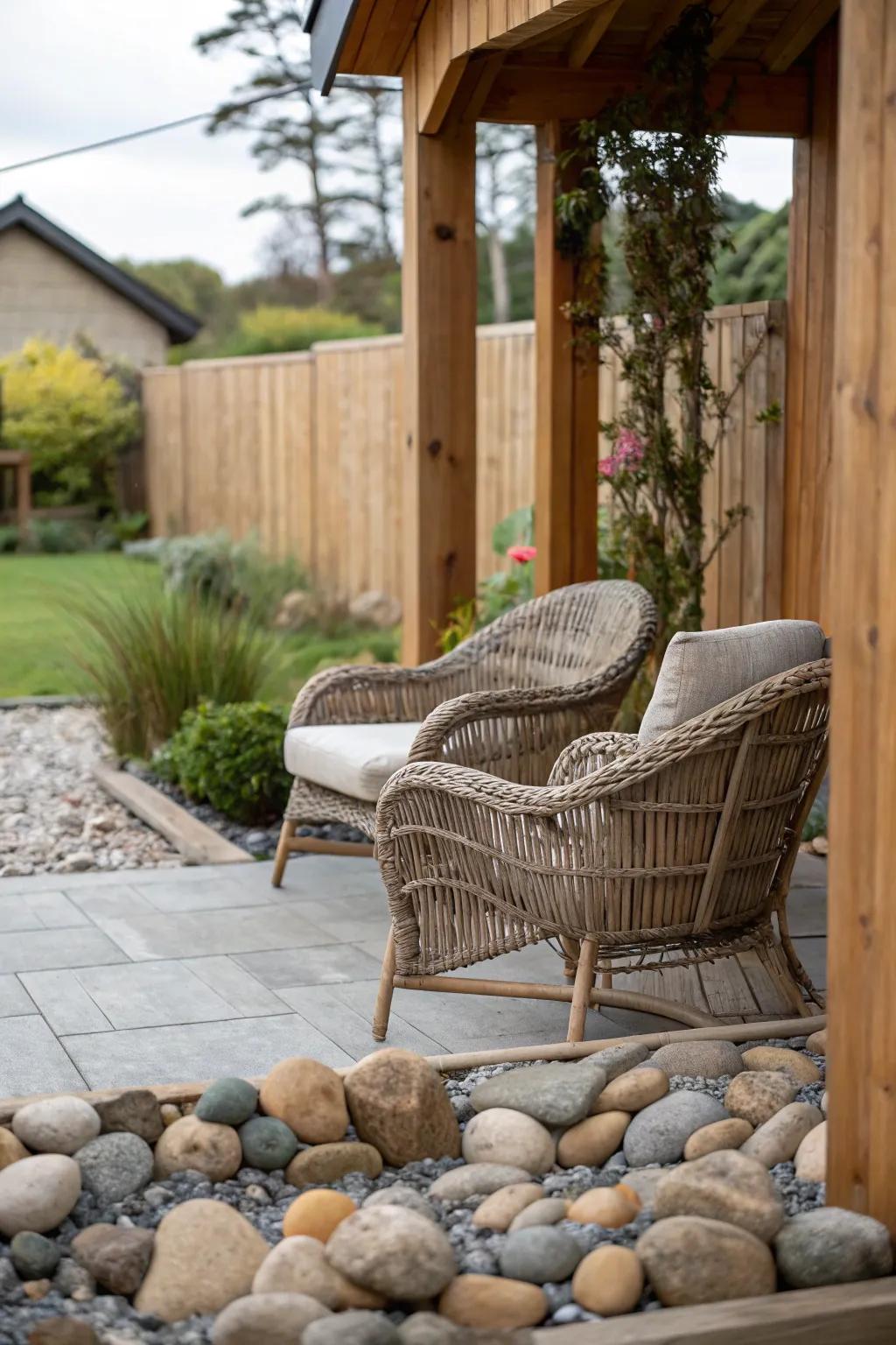 Embracing natural components for a grounded patio design.