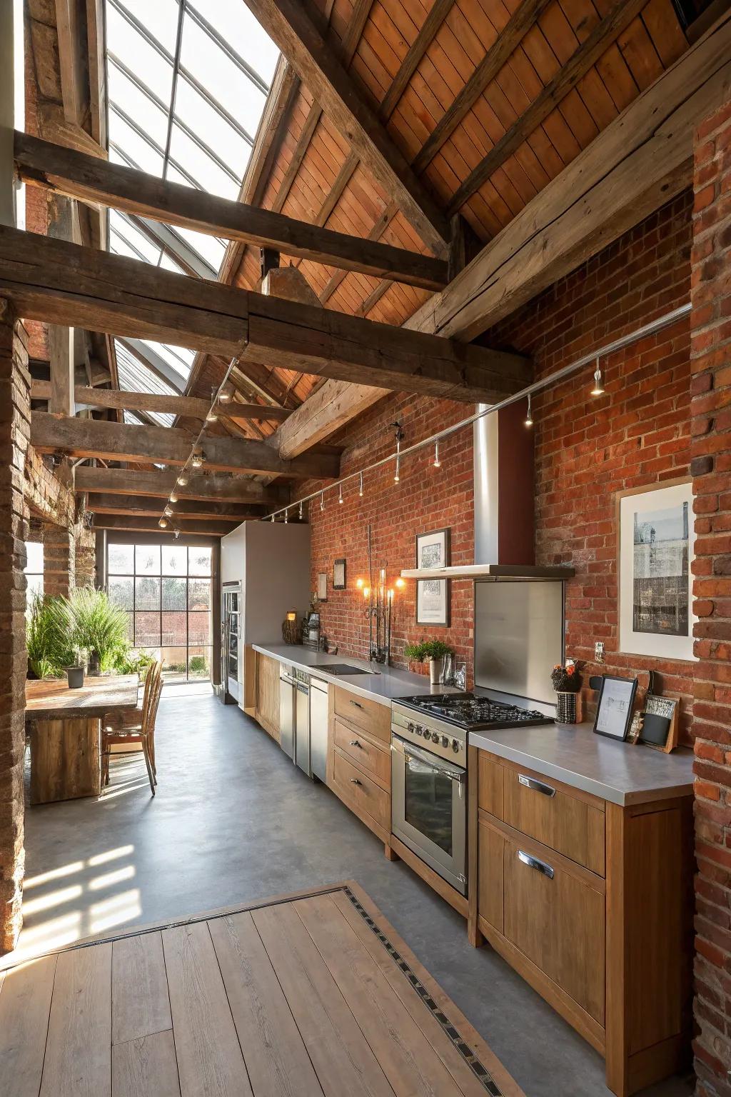 Architectural traits enhancing the charm of a wide galley kitchen.