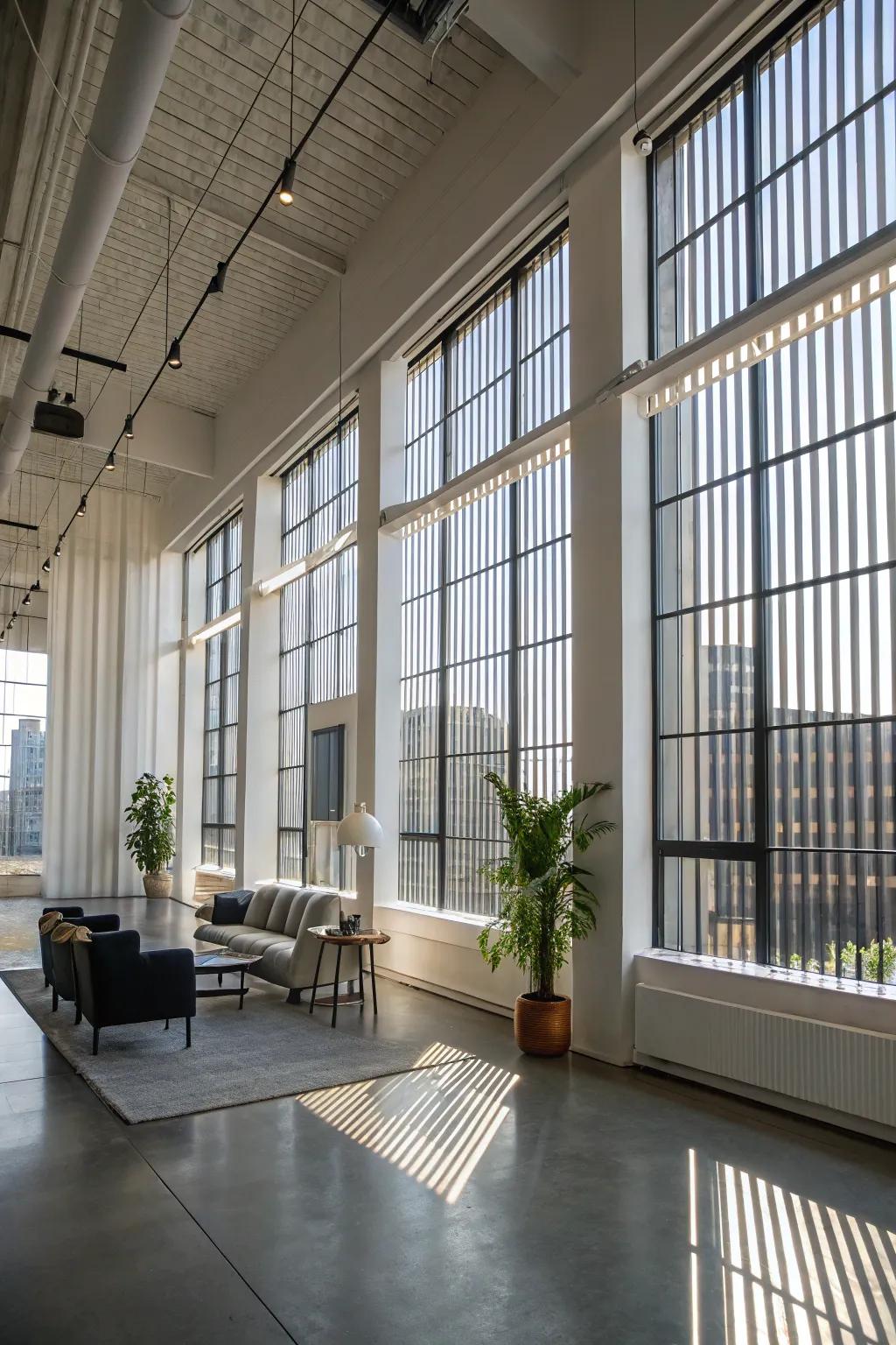 Long coverings enhancing the modern aesthetic of a loft.