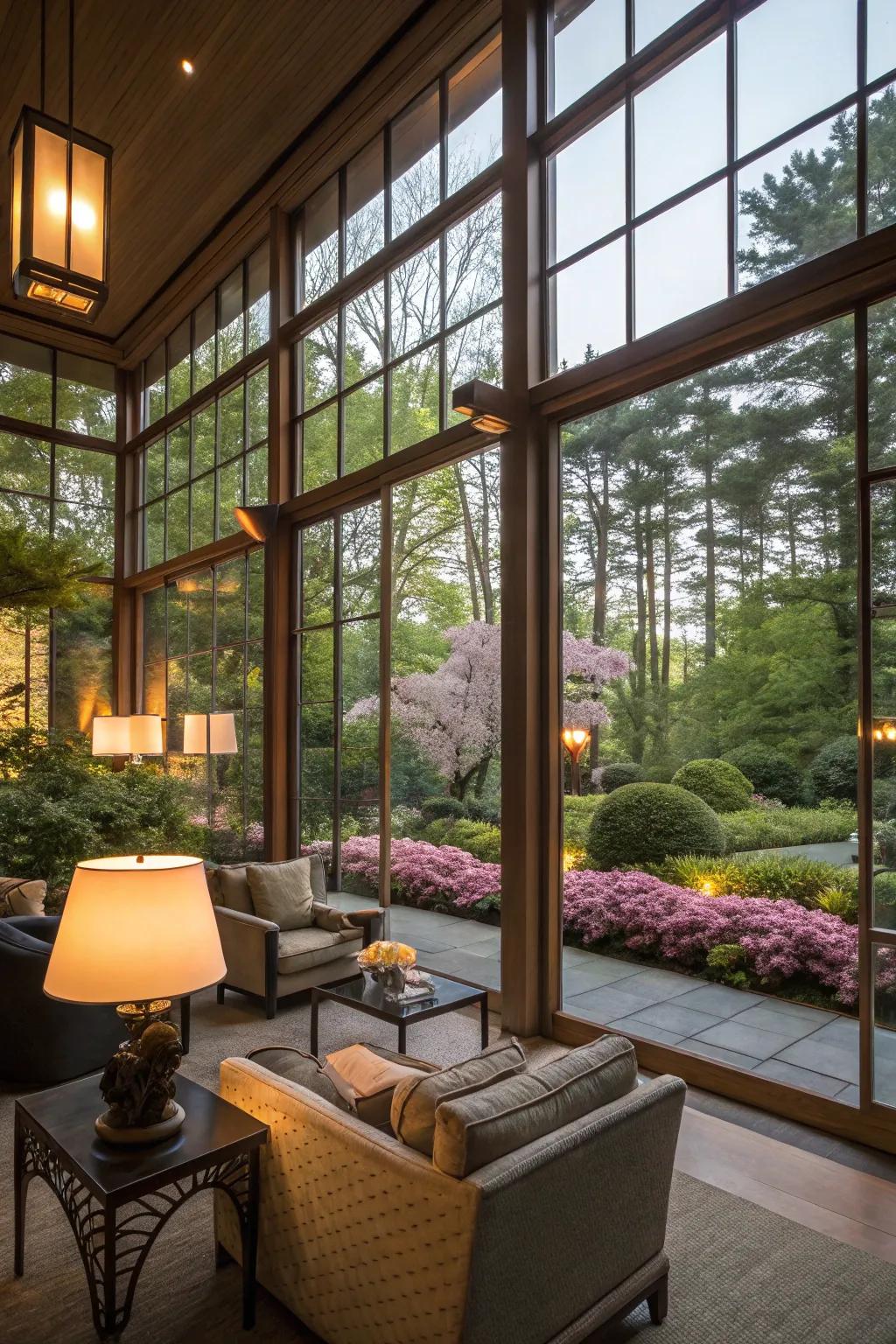 Glass walls create a seamless indoor-outdoor connection.