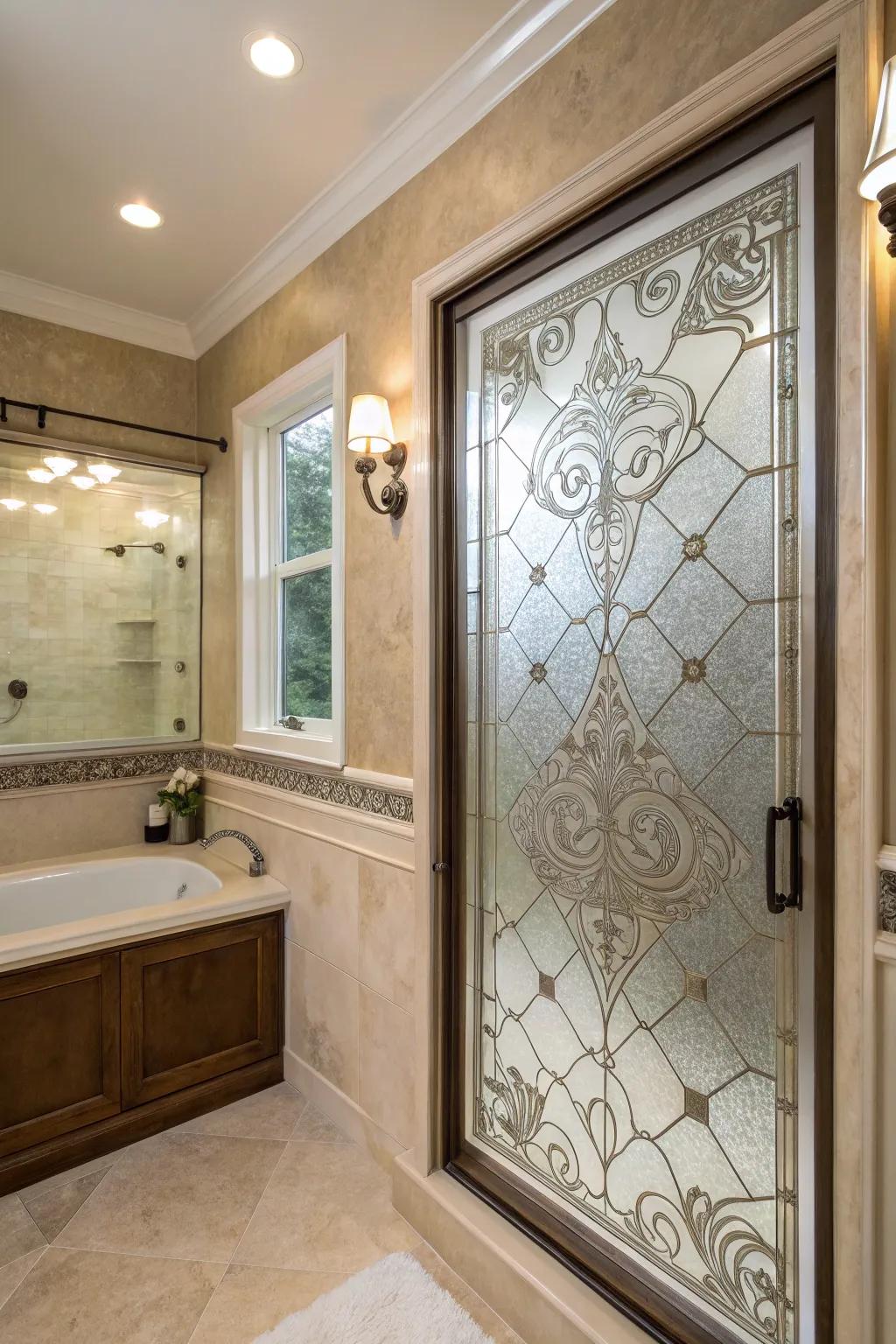 Decorative glass adds privacy and artistic flair to the shower window.