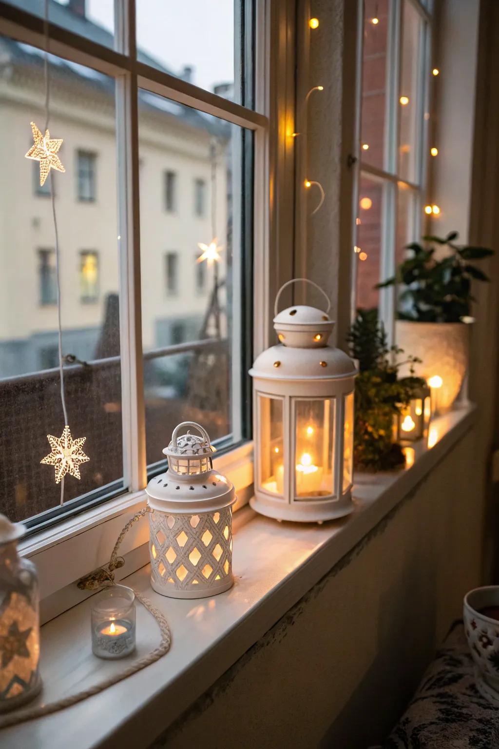 The enchanting ambiance created by decorative lanterns on a windowsill.