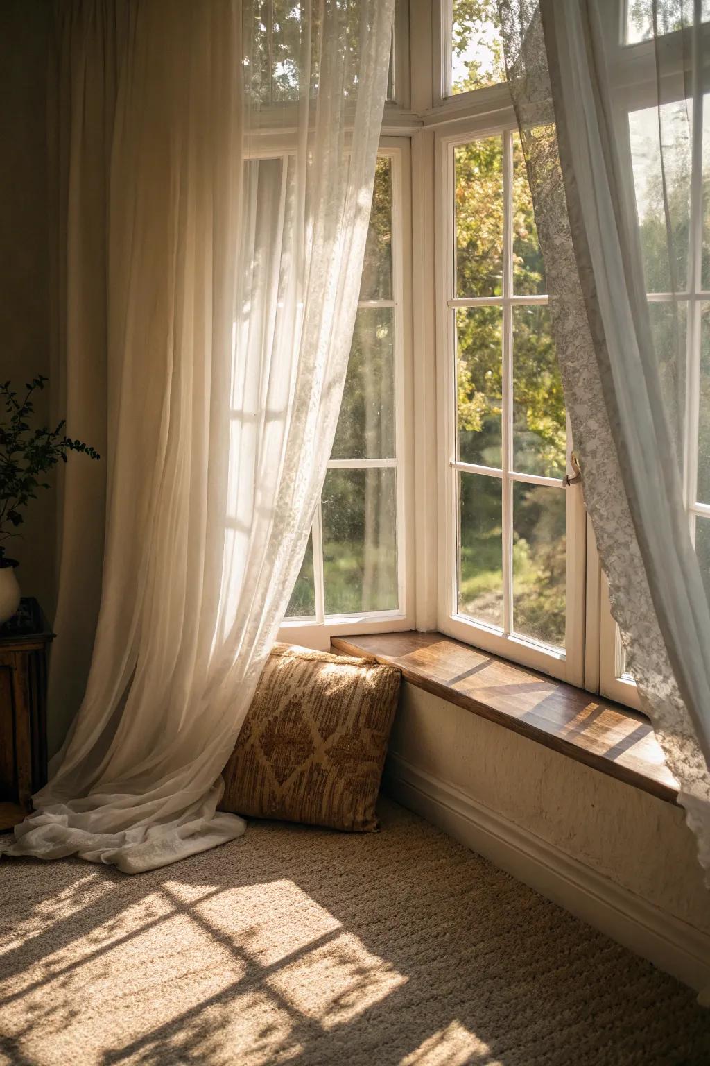 Sheer curtains allow privacy while maintaining the space's light and airy feel.