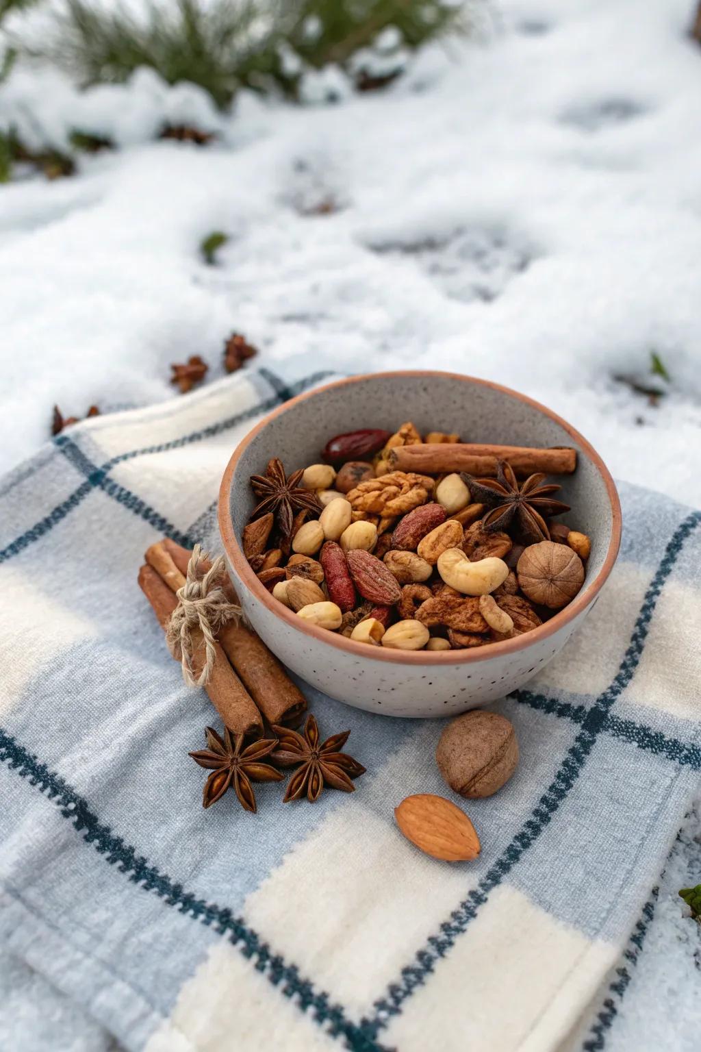 Spiced nut mix provides a flavorful snack option.