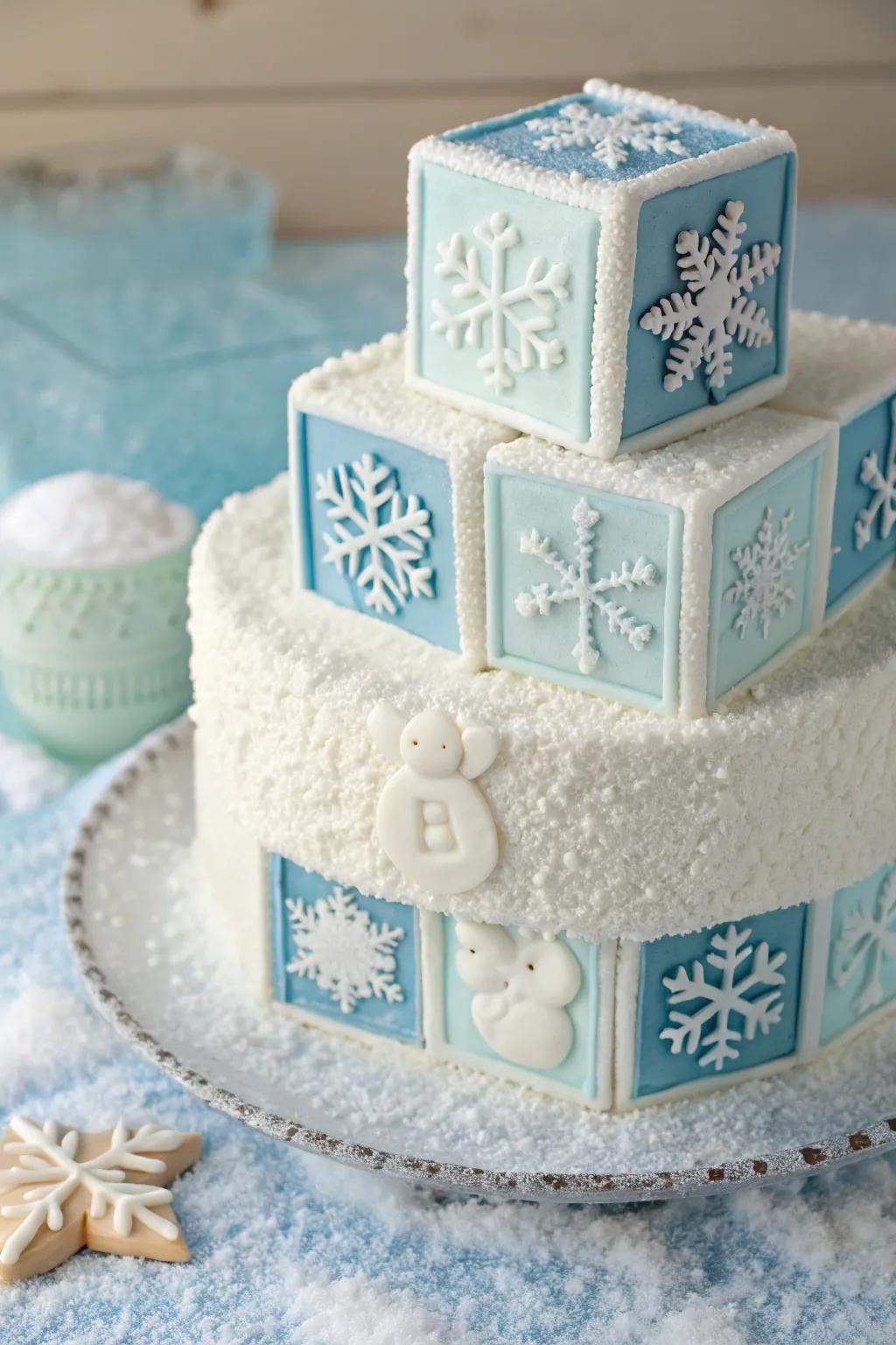 Spirited baby bricks infuse charm into this winter-themed cake.