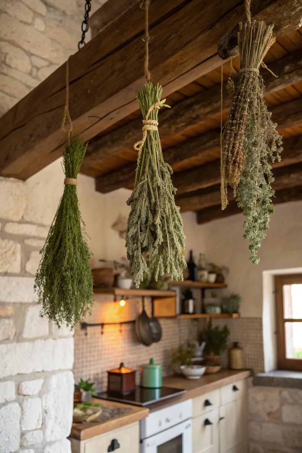 Desiccated herb faggots for a rustic, witchy vibe.
