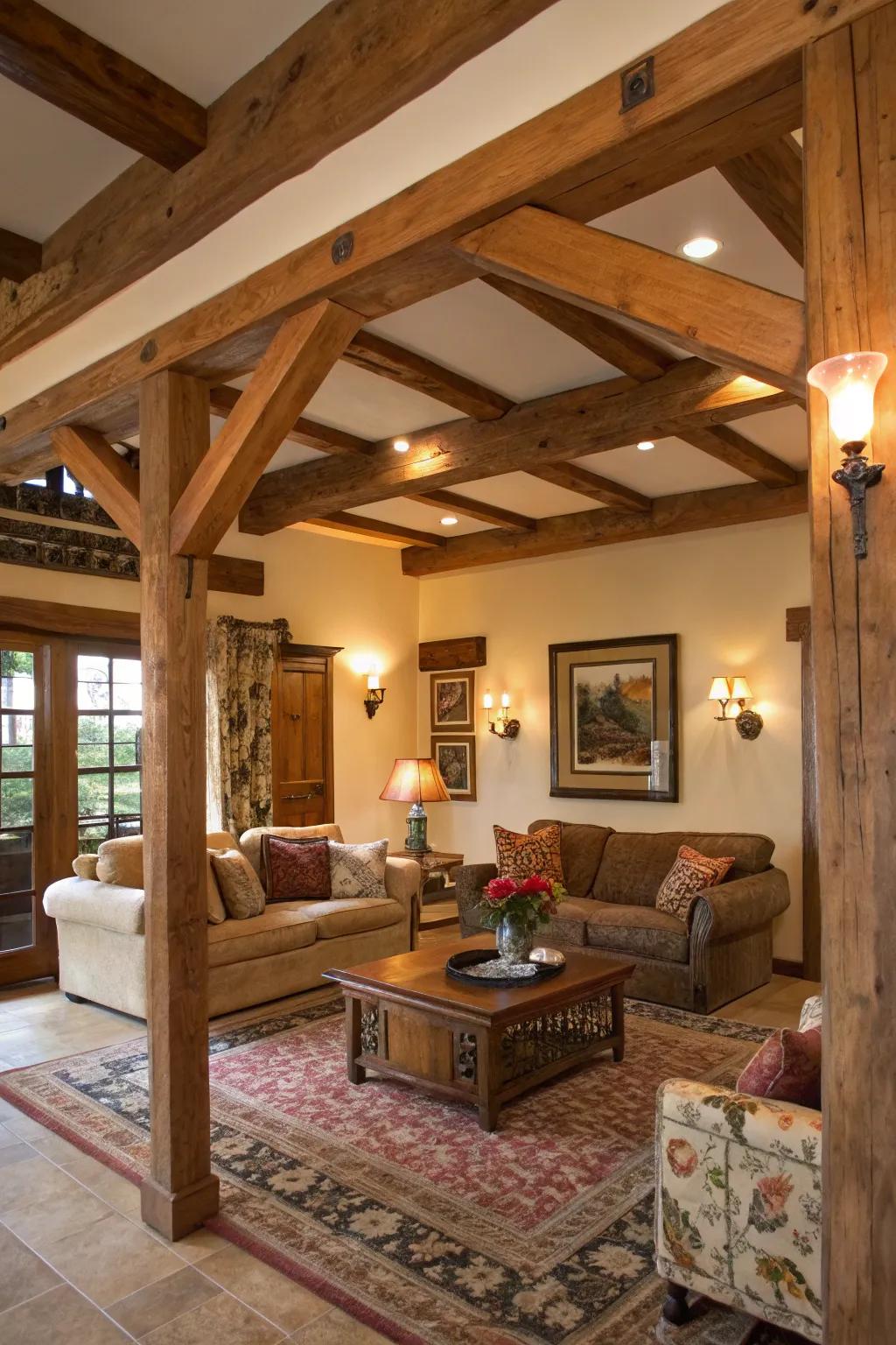 A defined living space with wood beams framing the room.