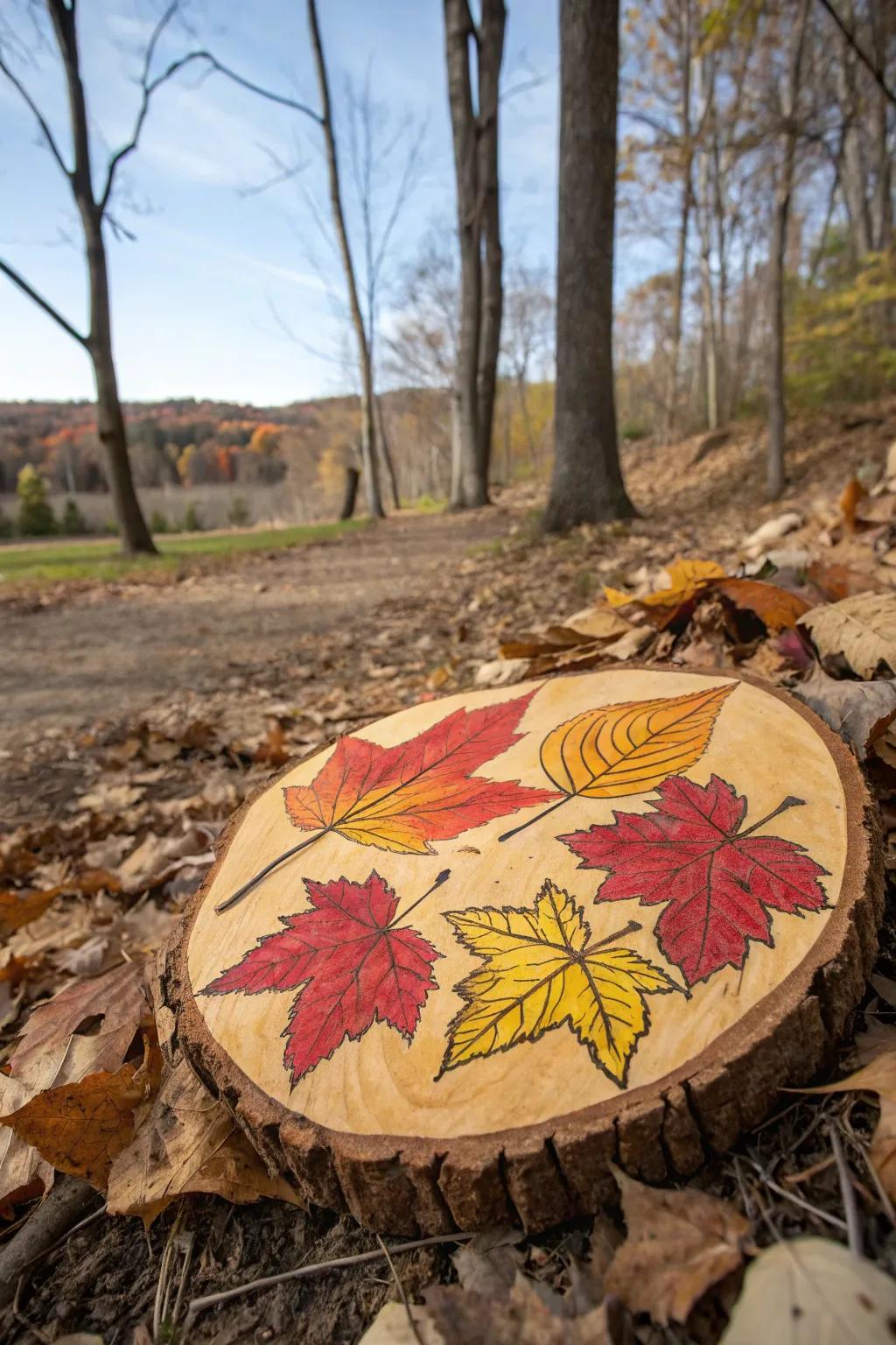 Welcome autumn into your home with wood circles featuring vibrant leaves.