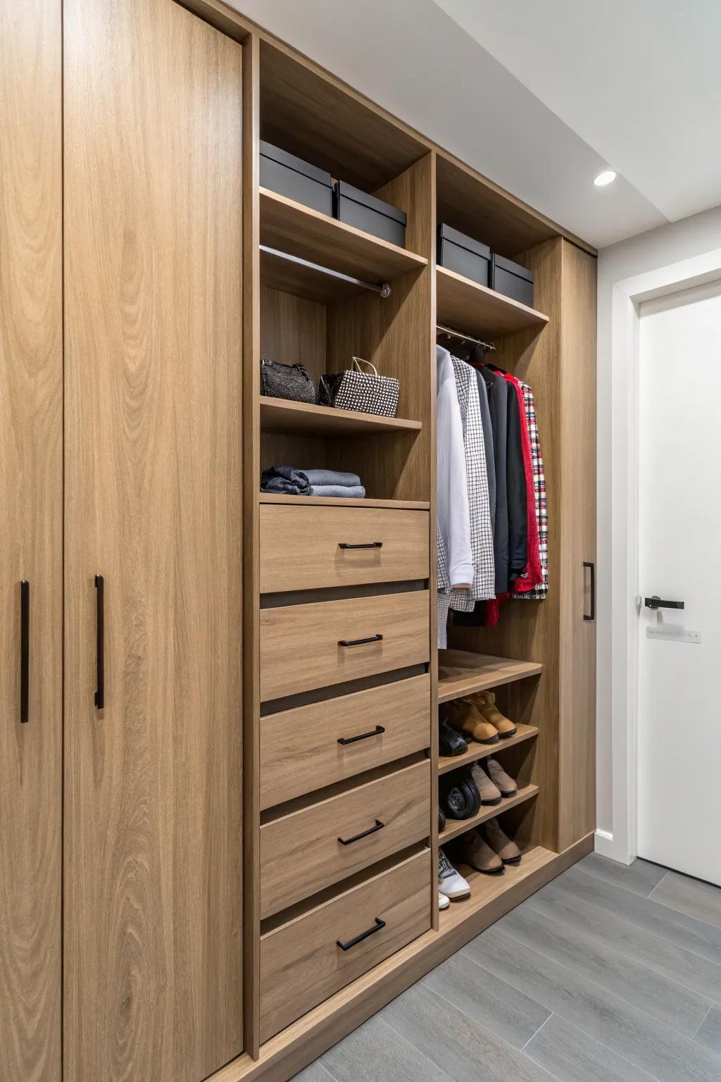 Built-in drawers maintain your closet&rsquo;s neatness.