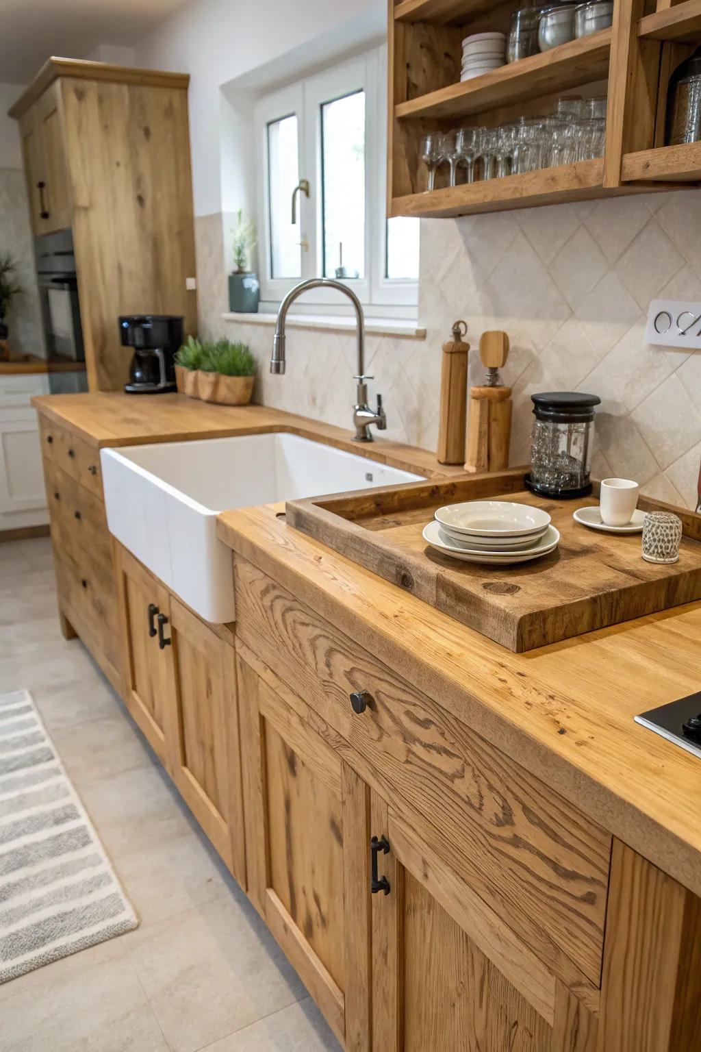 An integrated timber basin for a fluid and unique kitchen feature.