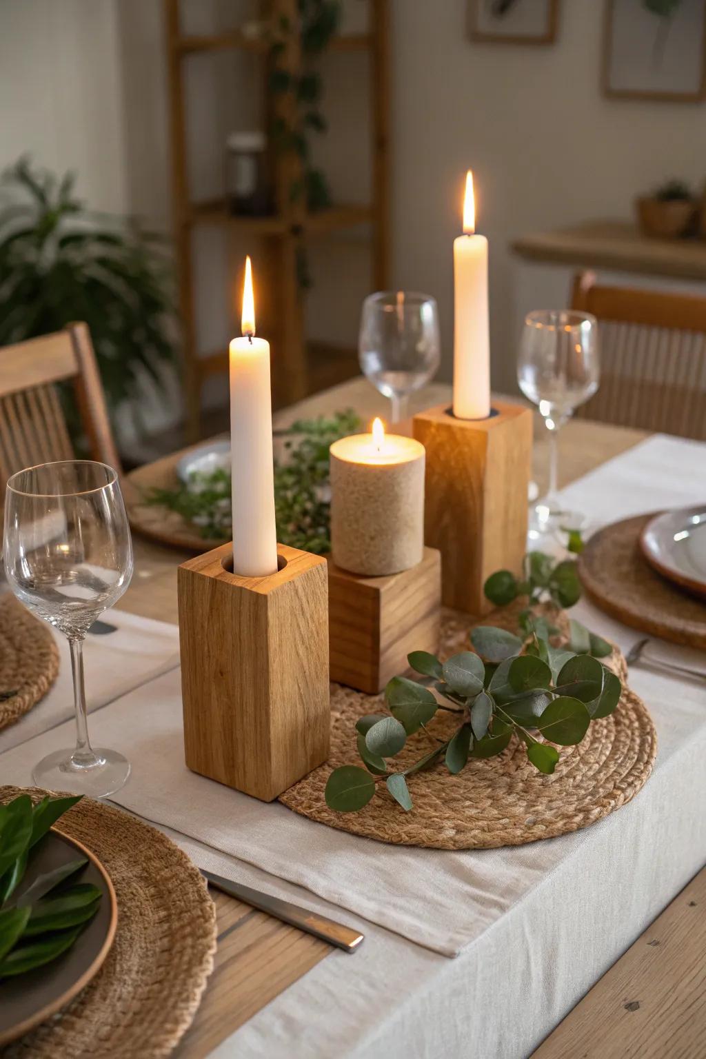 Wood candle holders add an inviting glow.