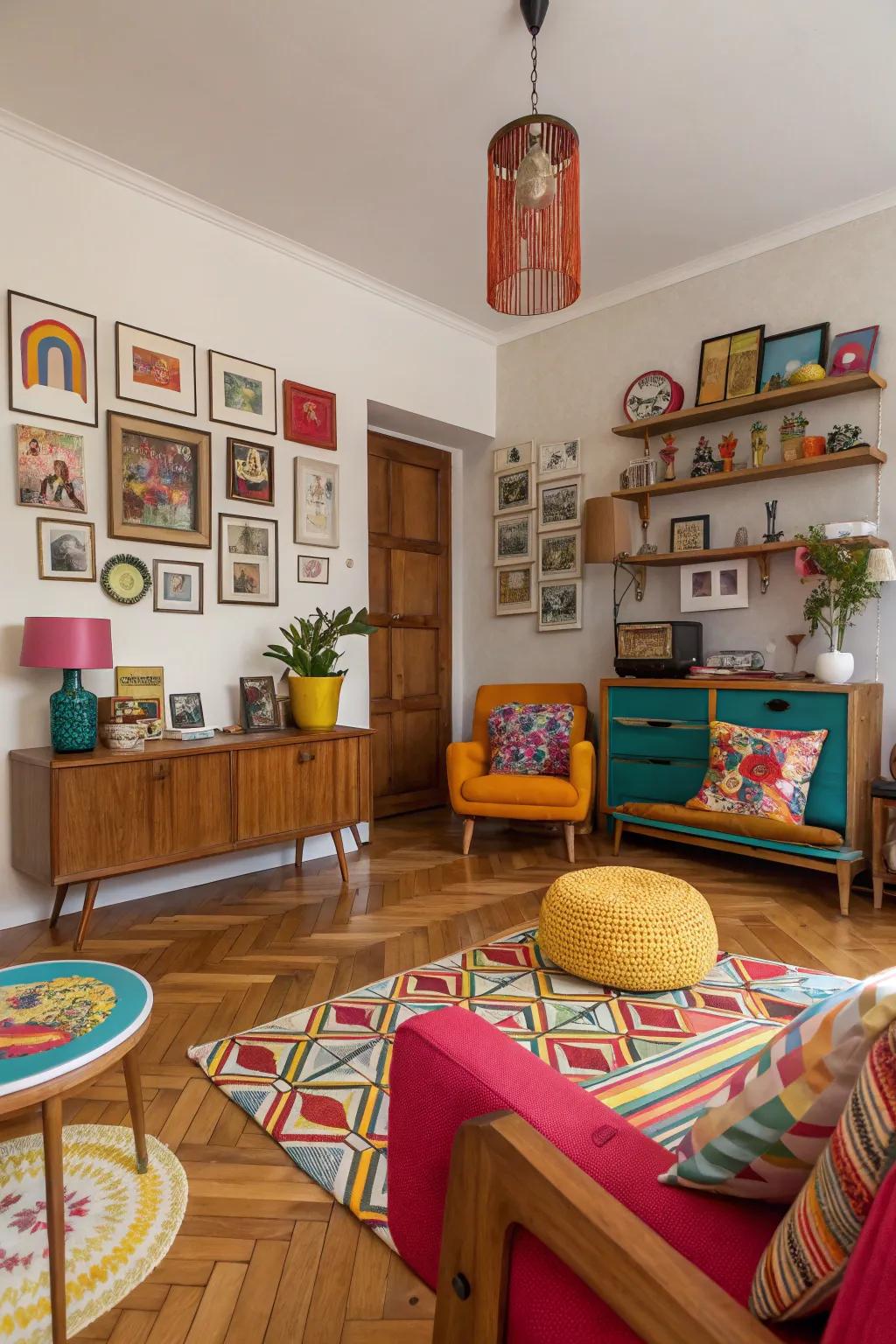 Eclectic room showcasing playful mixed tone flooring.