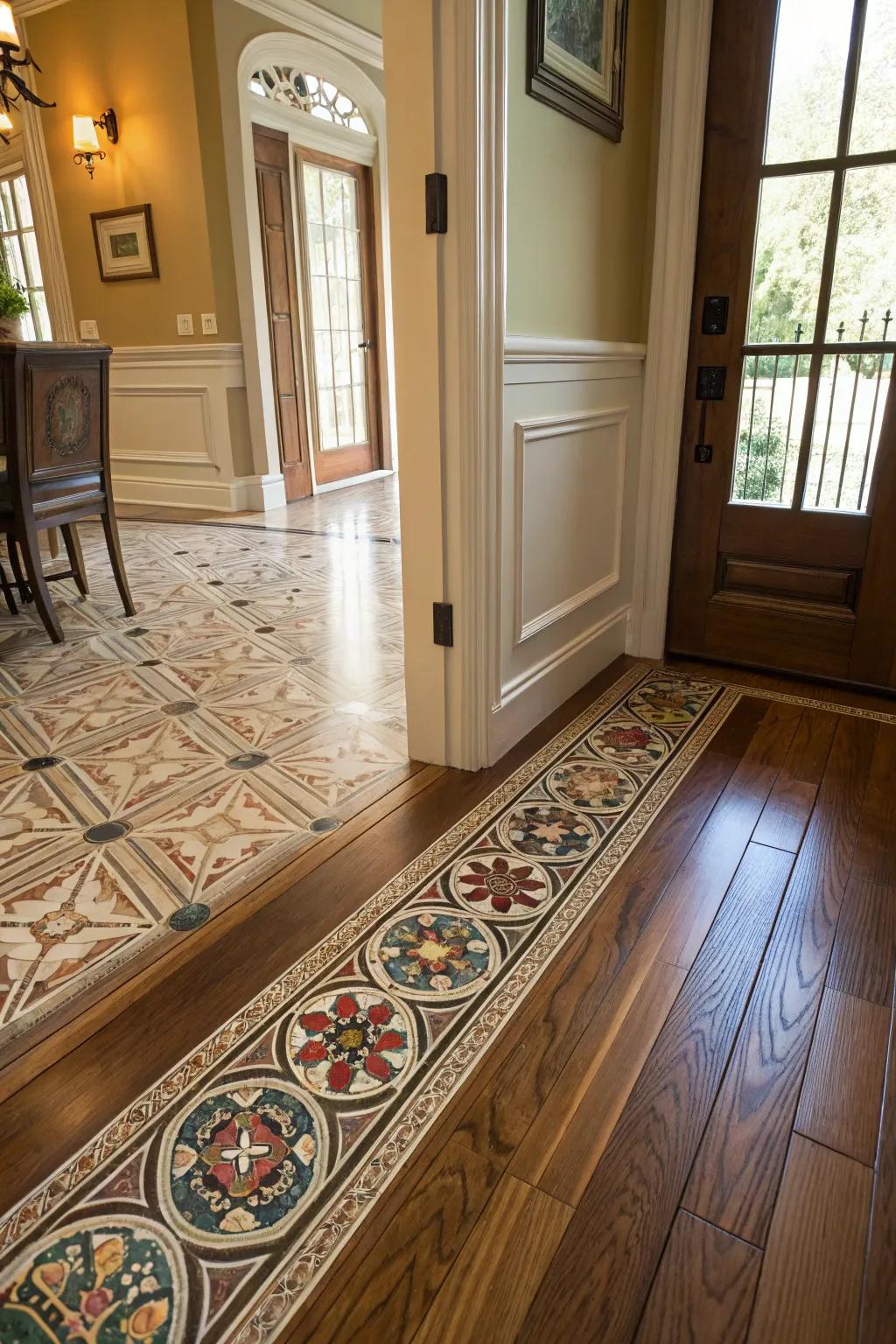 An elegant entryway showcasing a tiled zone transitioning to hardwood flooring.