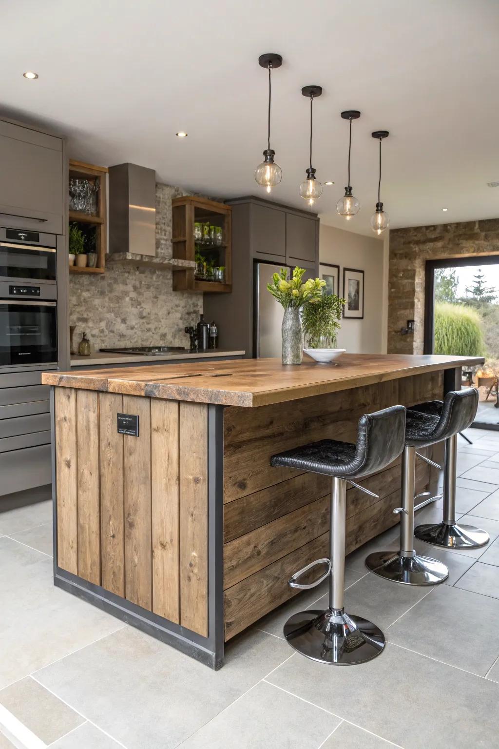 A harmonious fusion of rustic and modern elements in this versatile island.