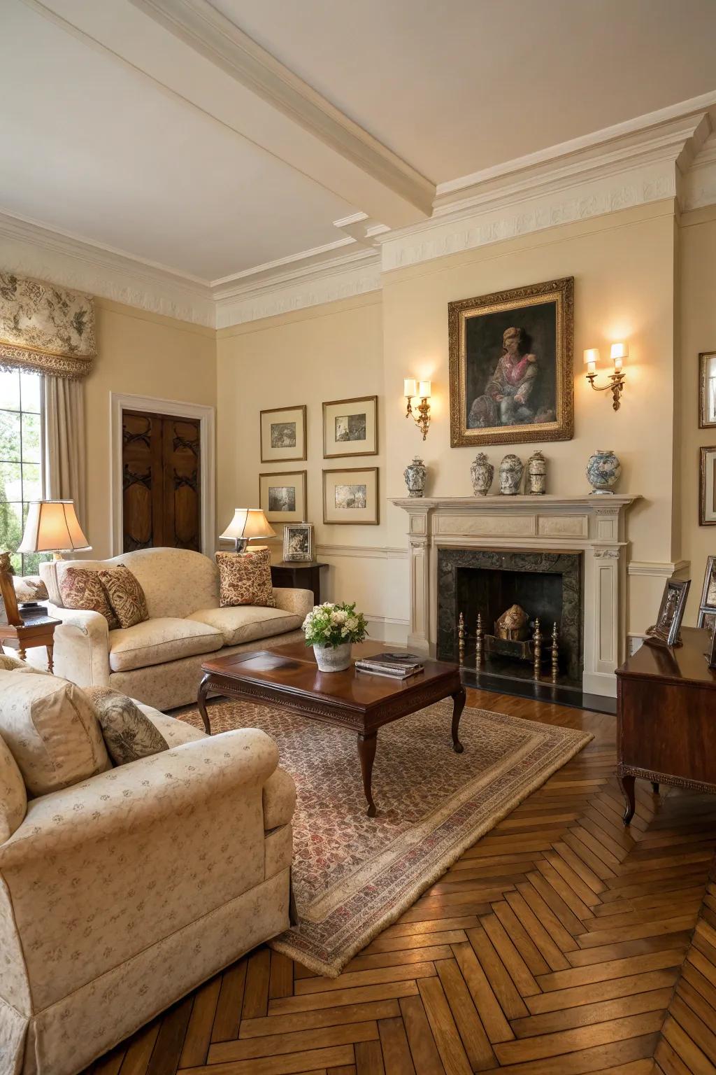 A classic living room with standard width wood boards offering a timeless appeal.
