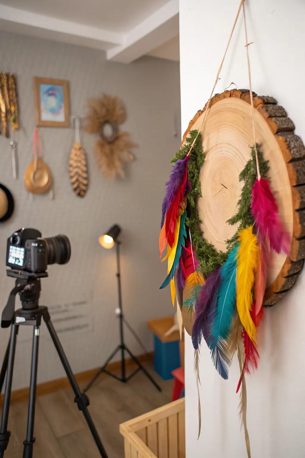 Wood round and feather delight provides a whimsical touch.