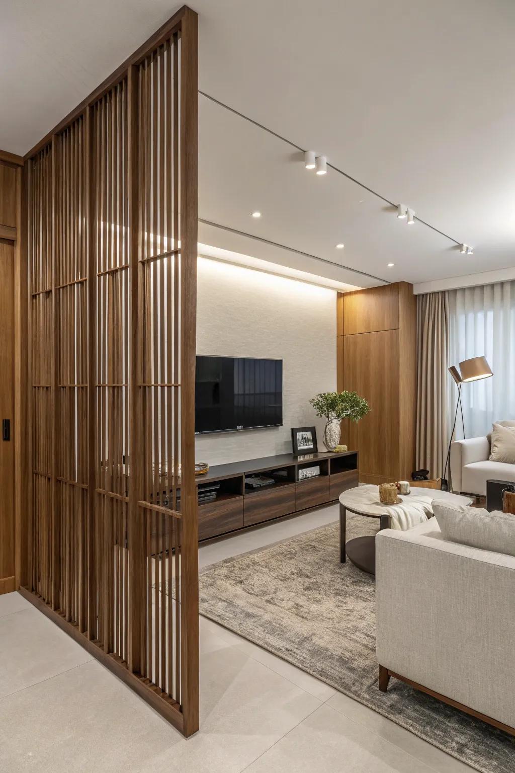 Minimalist partitions amplify the modern aesthetic of this living space.