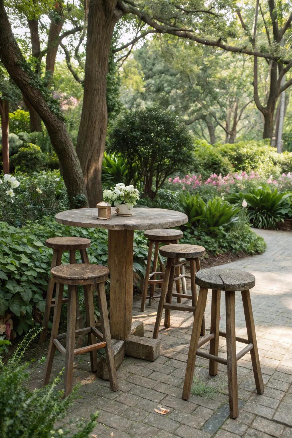 Weather-resistant wooden stools perfect for outdoor gatherings.