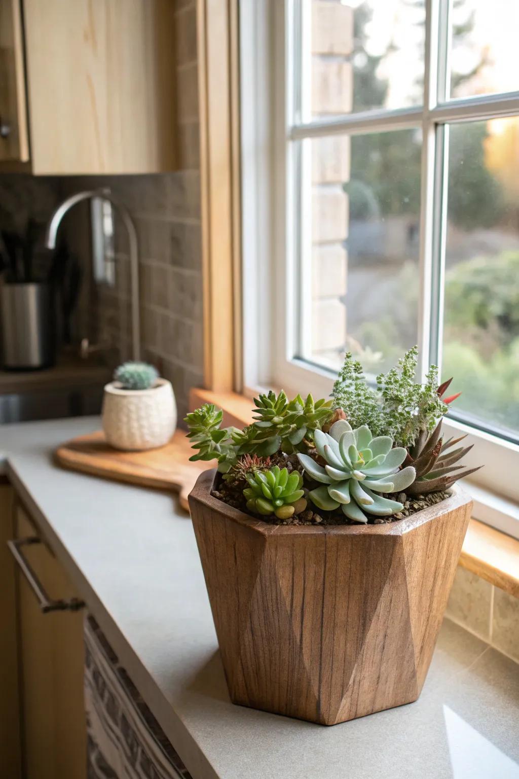 Enjoy low-maintenance beauty with wooden vases filled with succulents.