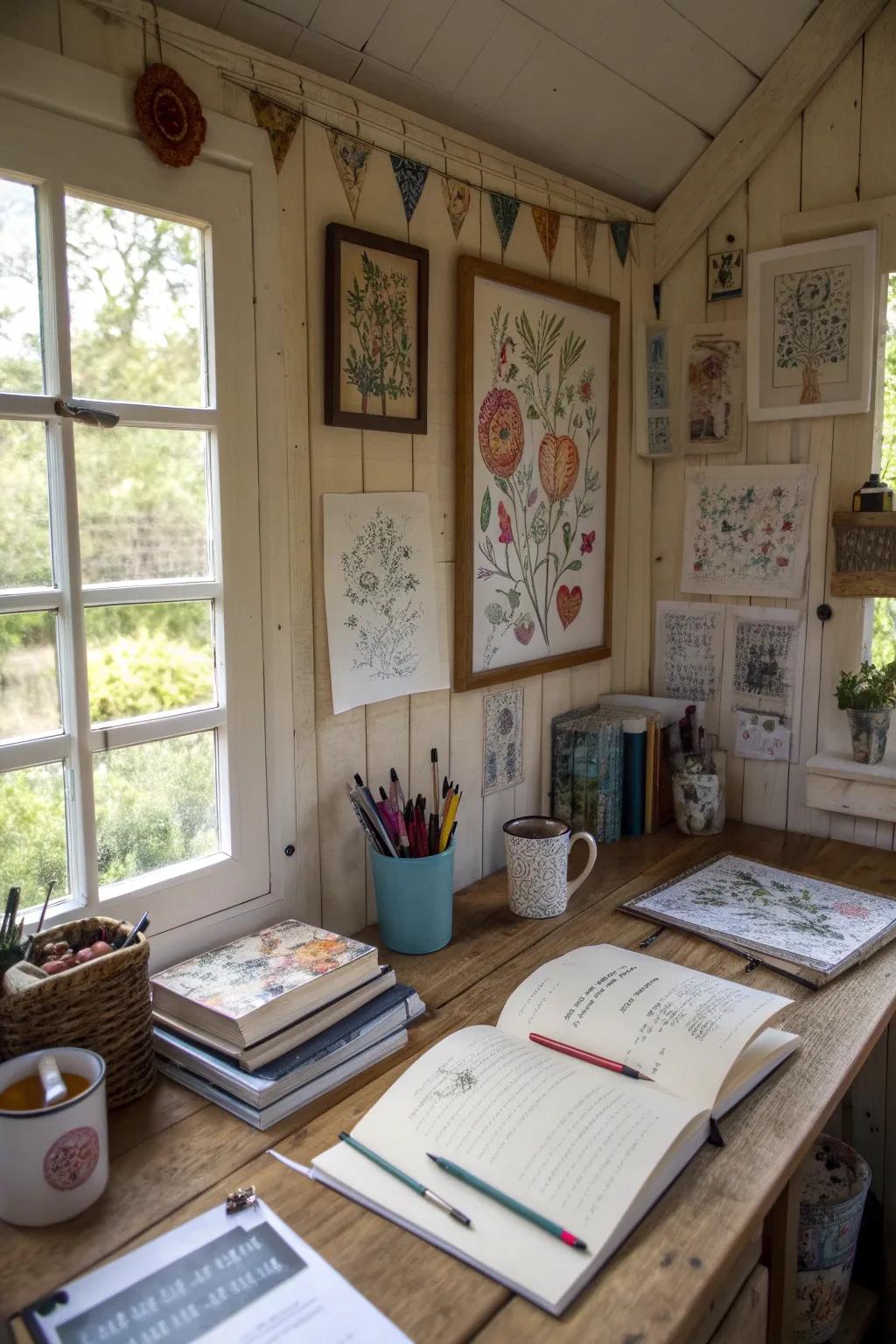 A writing shed personalized with meaningful art pieces.