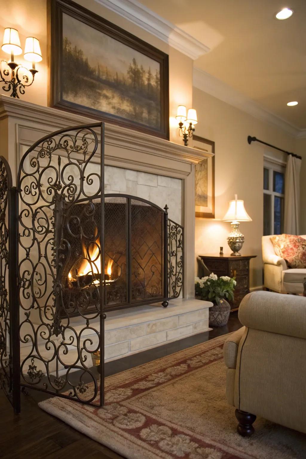 A forged metal screen adds elegance to the fireplace.