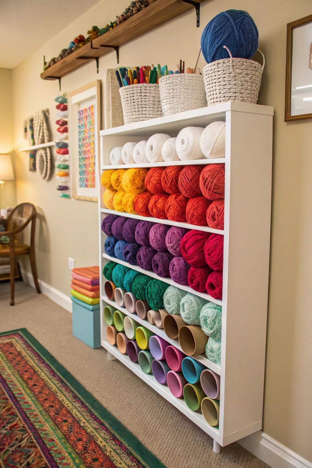 A DIY PVC pipe organizer provides effective and orderly yarn storage.