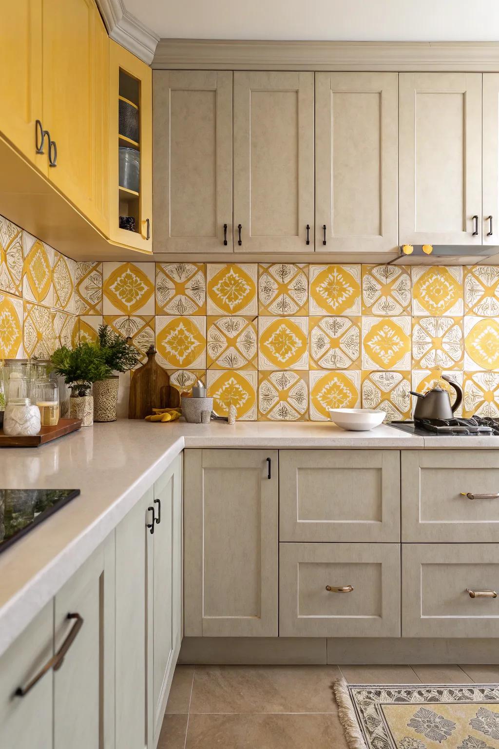 Playful patterns with yellow tiles in the kitchen.