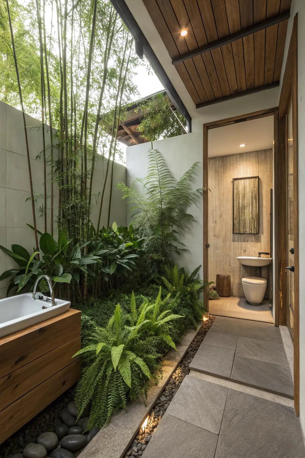Flora breathes vitality into a zen bathroom arrangement.