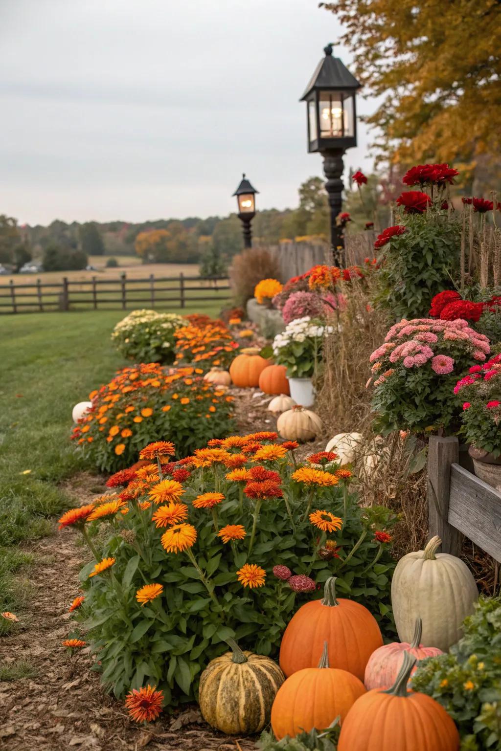 Seasonal charm in a 'Bloom of Joy' garden with gourds and beacons.