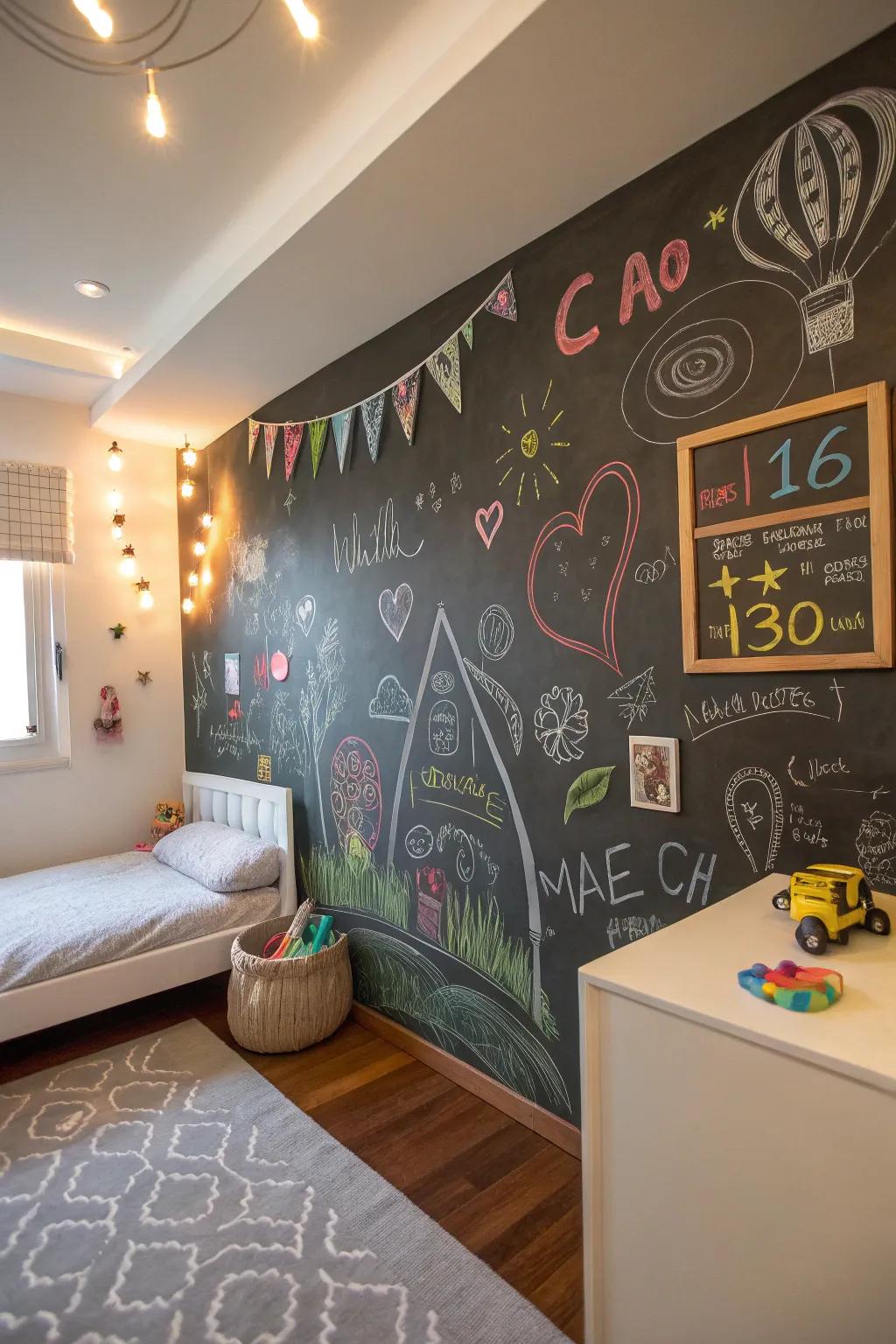 A chalkboard surface offers endless chances for creativity and fun.