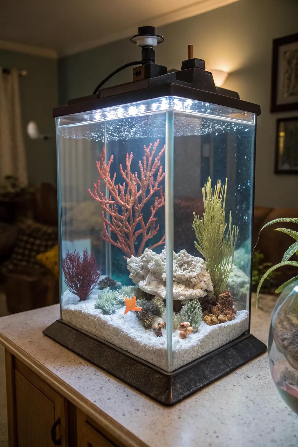 An submarine sculptural garden incorporates an artistic panache to your aquarium.