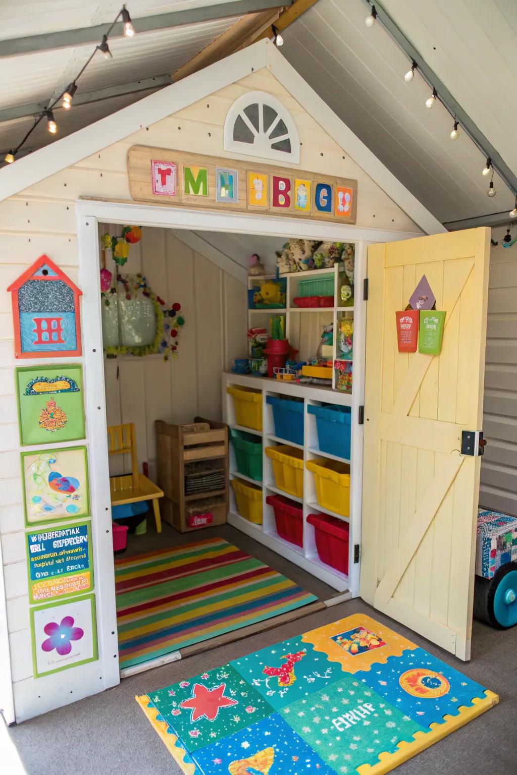 A children’s play area filled with playful decor and ample toy storage.