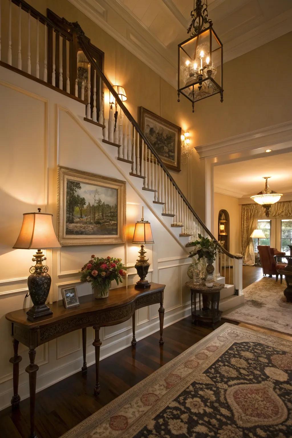 Layered lighting adds depth and atmosphere to the foyer.