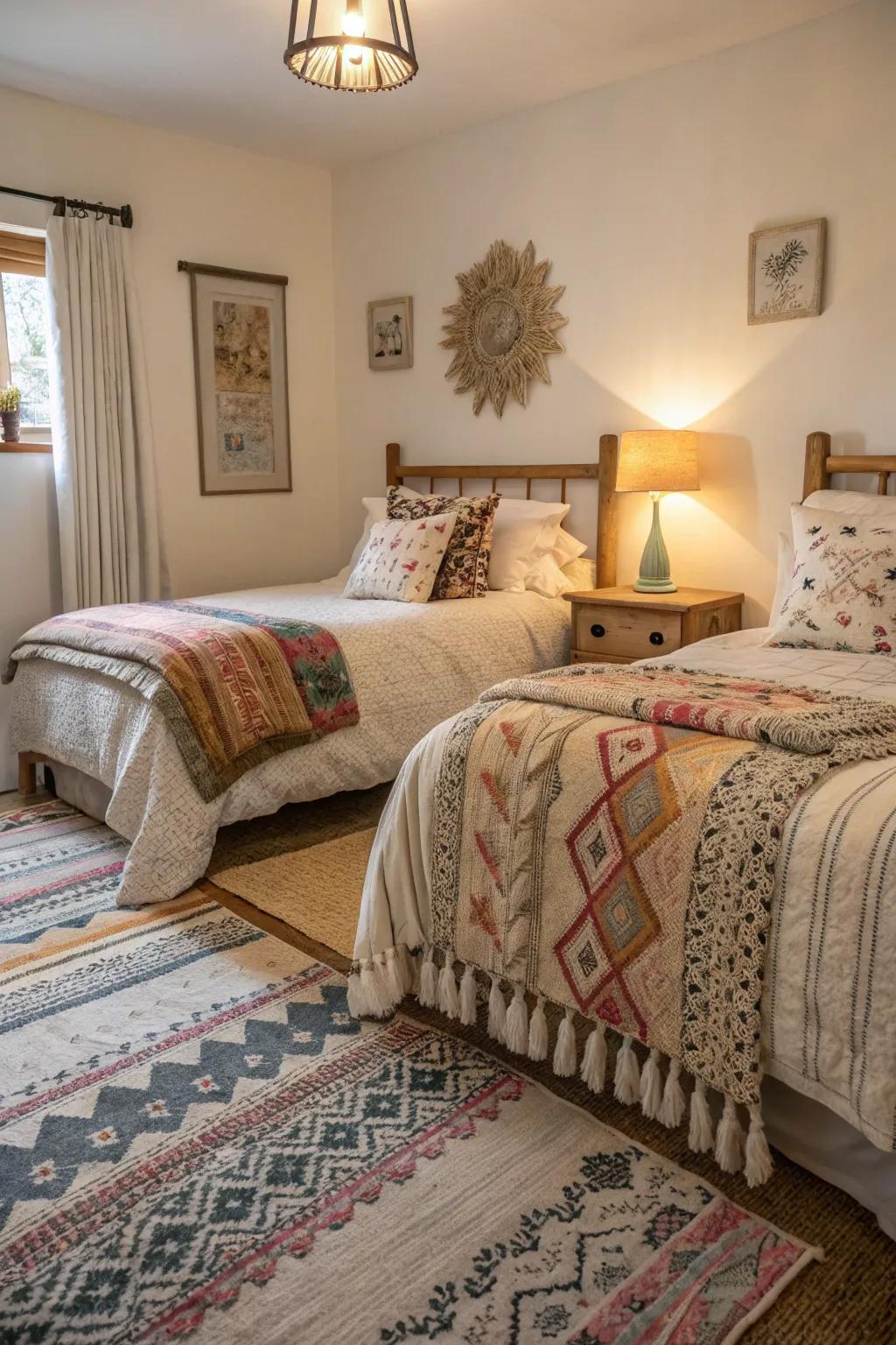 Layered fabrics creating depth and warmth.