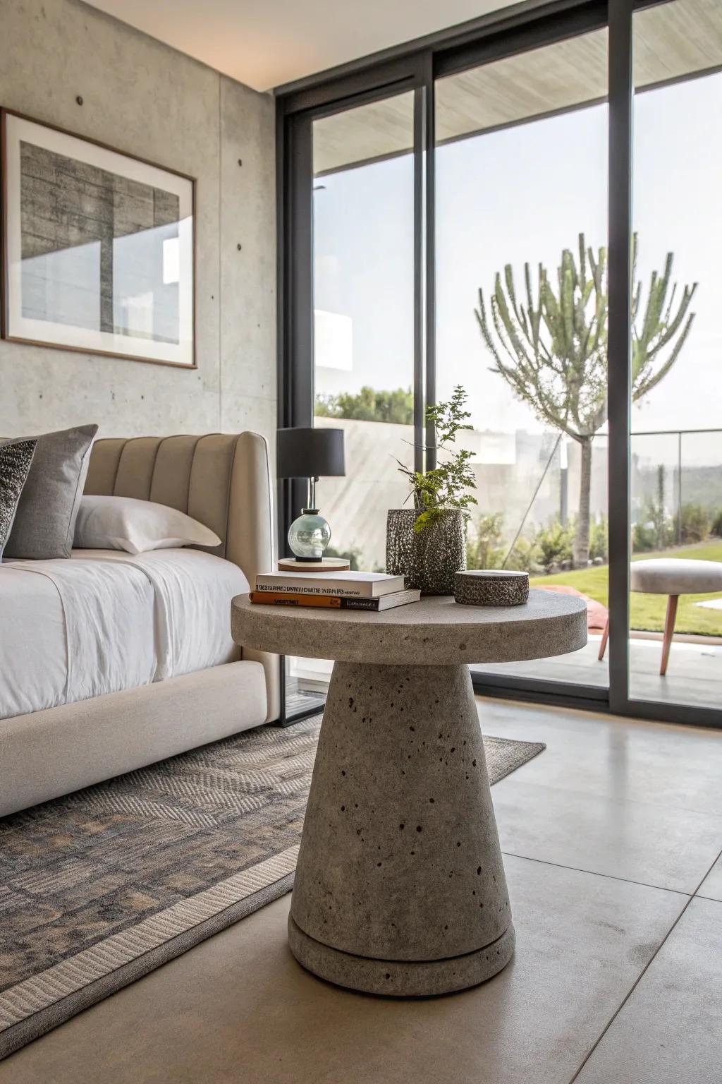 Concrete elements enhance the room's modern industrial vibe