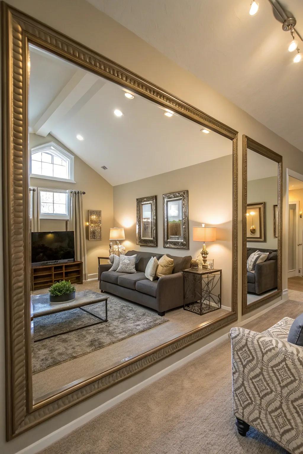 Mirrors add depth and enhance the living room.