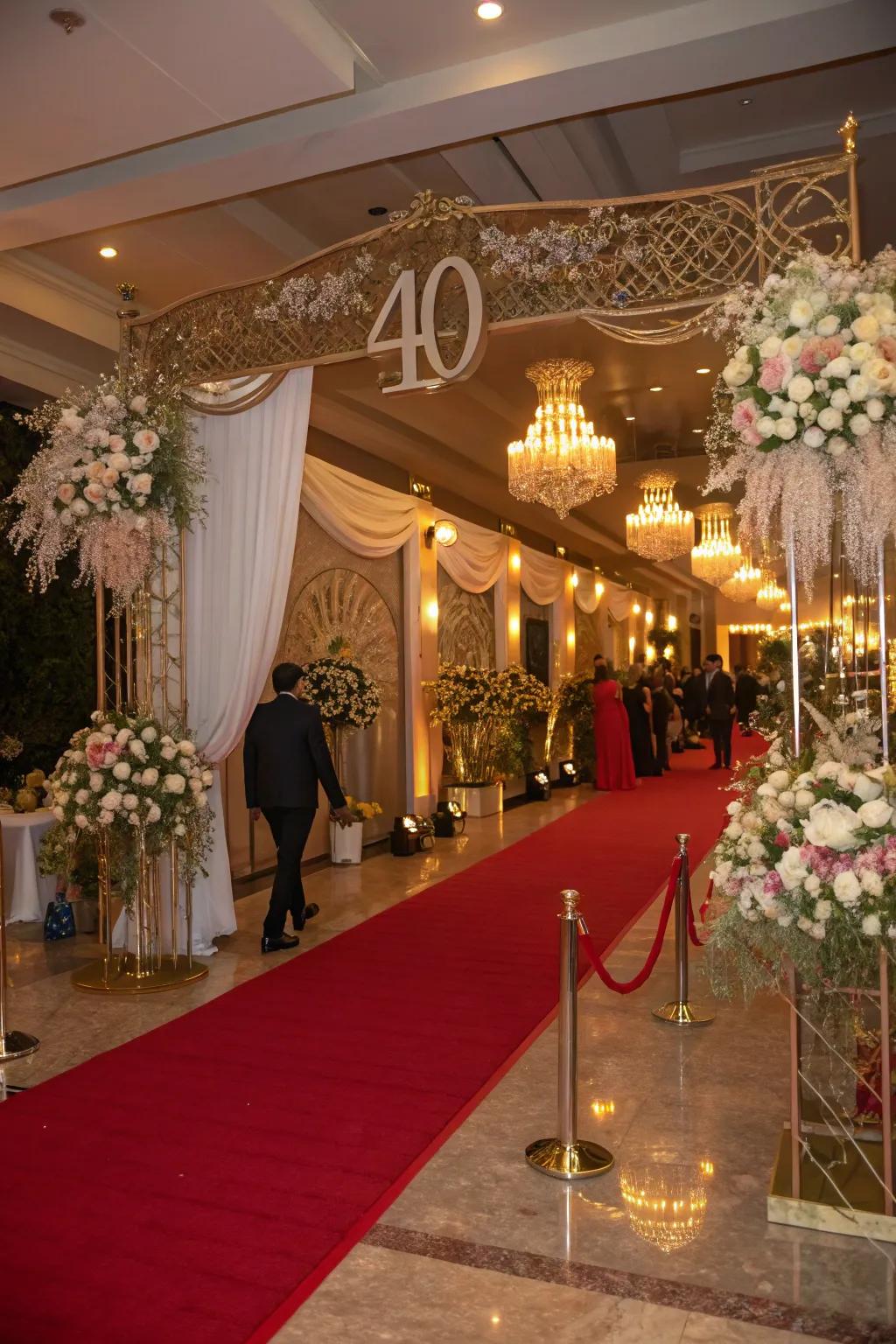 A crimson aisle entrance suited for an unforgettable celebration.