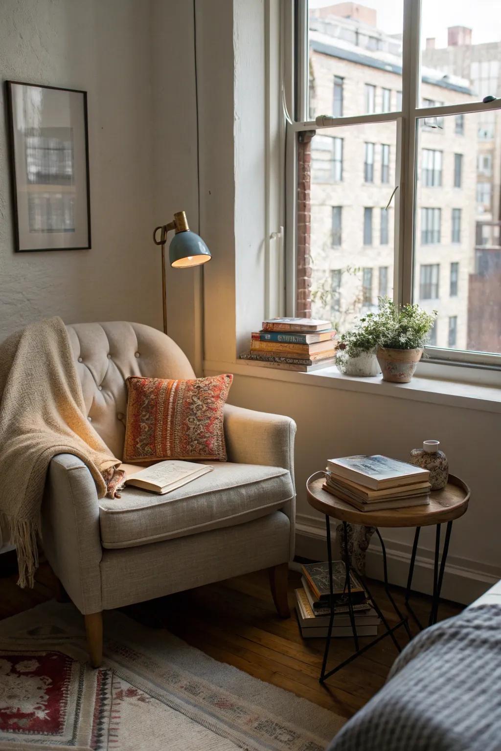 A reading nook offers a quiet retreat in your bustling studio apartment.