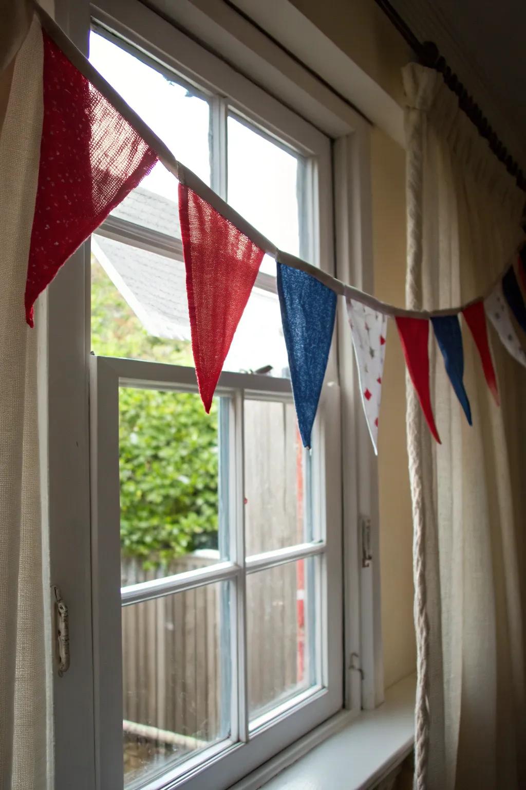 Handmade textile bunting contributes charm to windows and walls.