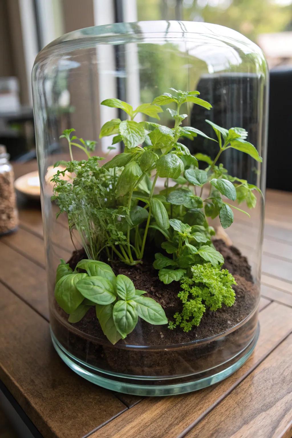 A practical plant garden terrarium showcasing fresh plants.