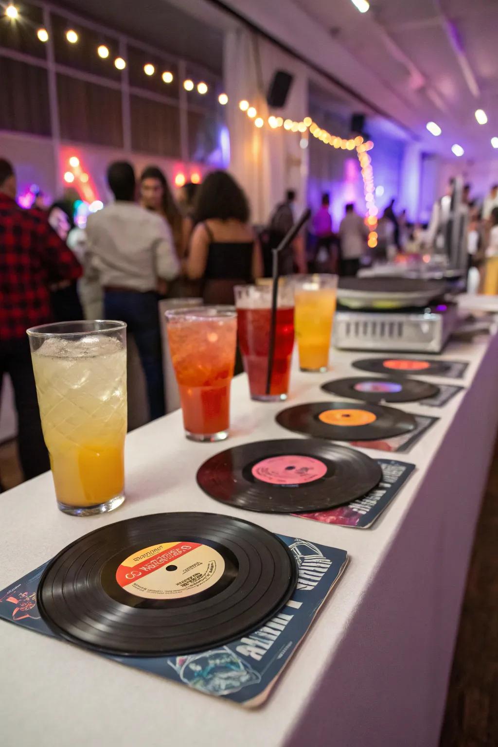 Vinyl record coasters contribute a personal and nostalgic touch to your celebration.