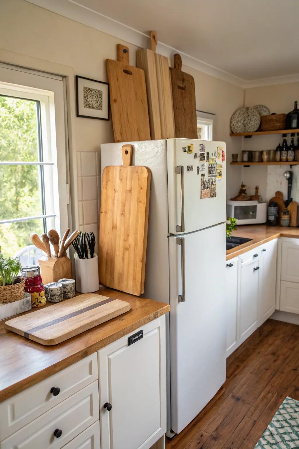 Upright storage ensures cutting boards are organized, visible, and easy to grab.