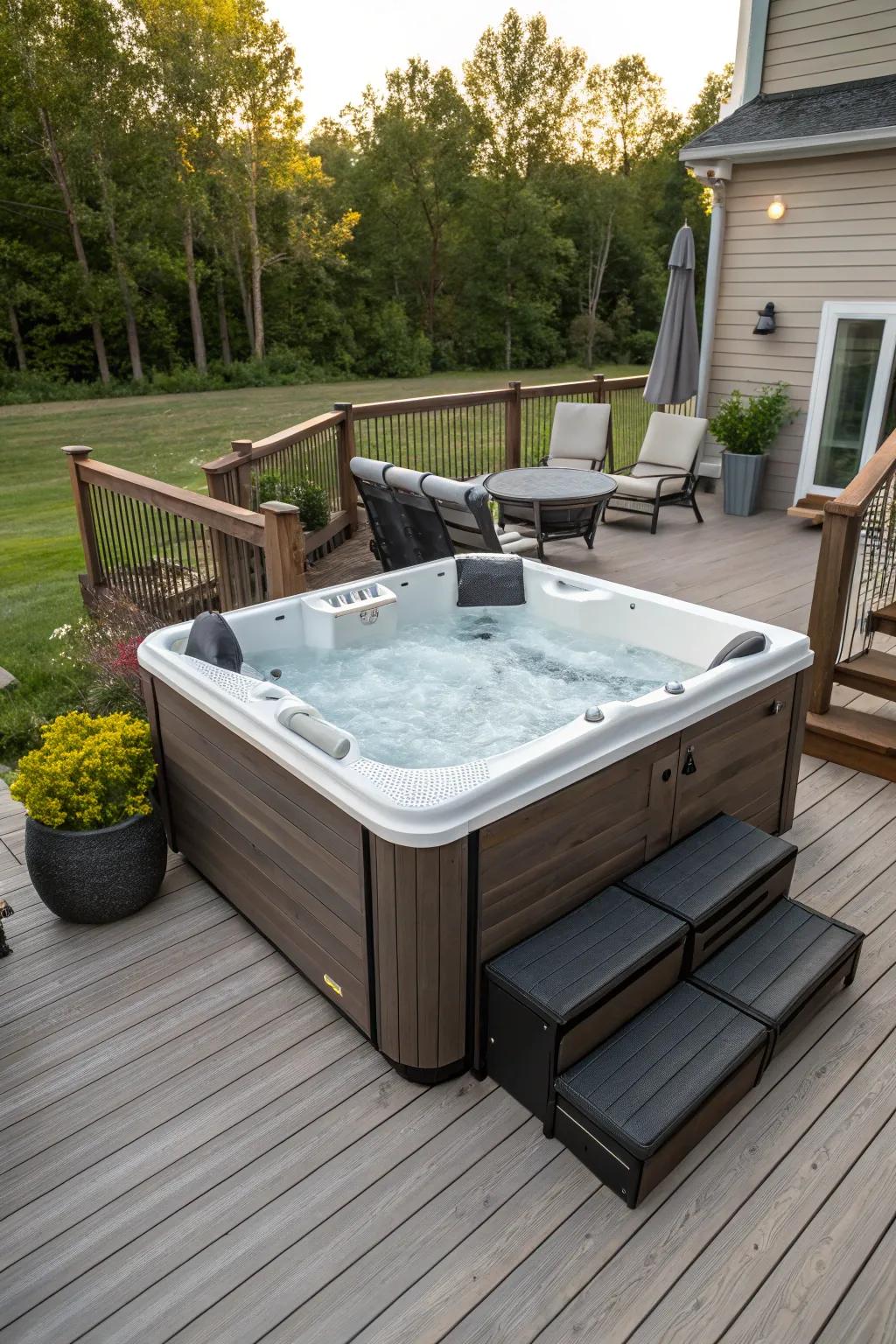 Built-in storage retains your hot tub area organized and tidy.