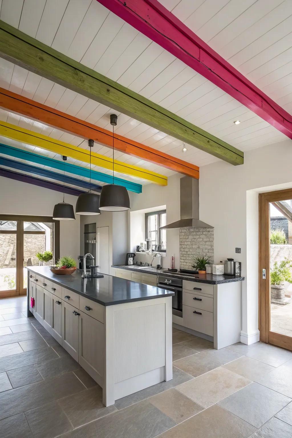 Colored beams introduce vibrant contrast to this chic cooking area.