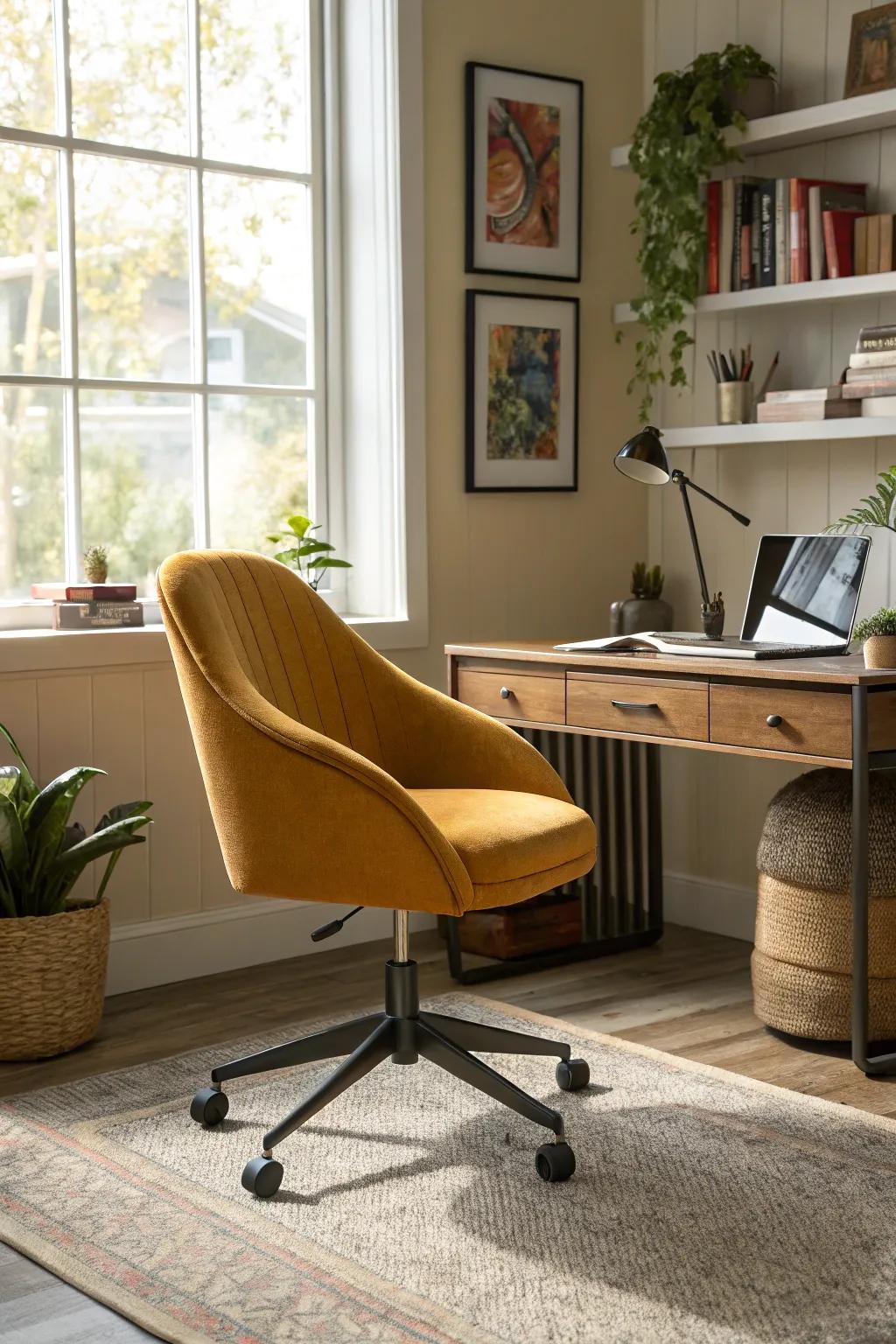 A swivel chair in the office adds flexibility and fun.
