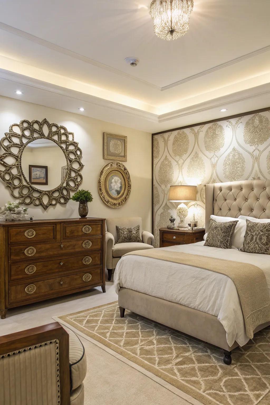 Looking glasses on the feature wall reflect light and create an illusion of space.