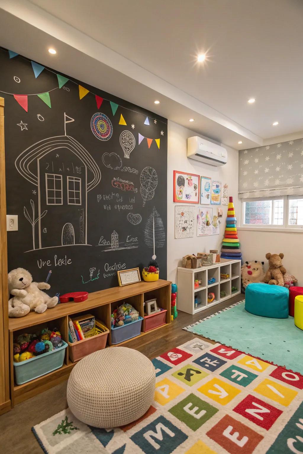 A playful playroom featuring a fun chalkboard accent wall.