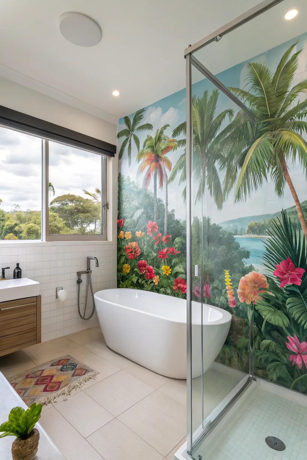 A bathroom featuring a tropical-themed mural for an exotic escape.