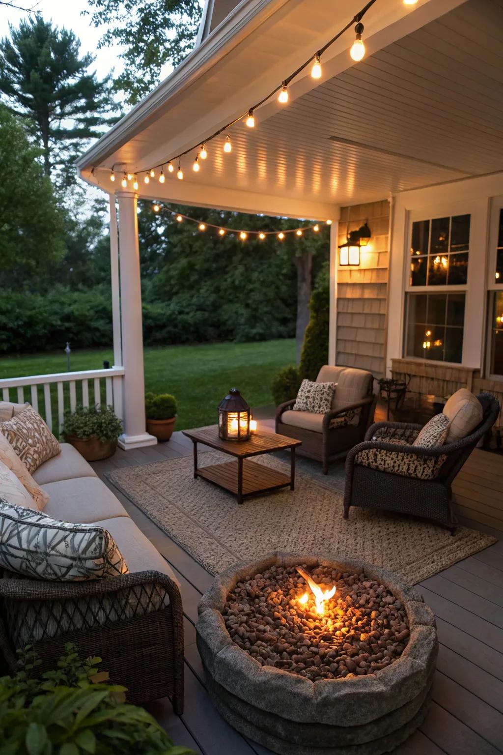 A cozy porch featuring a warm and inviting fire element.